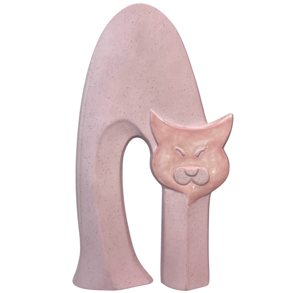 Vintage 1980s Signed Elodo Modern Art Deco Pastel Pink Ceramic Stretching Cat